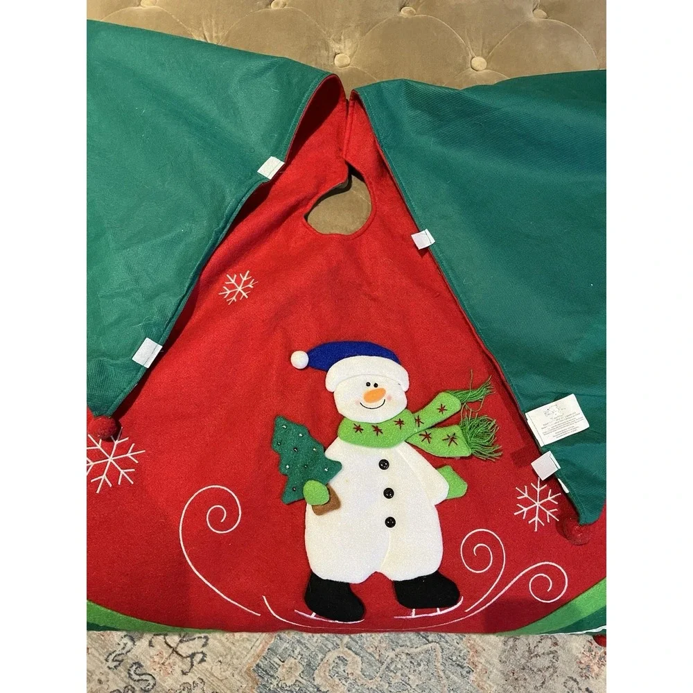 Vintage Felt Christmas Tree Skirt Table‎ Cover 3D Snowman Pom Embroider Applique